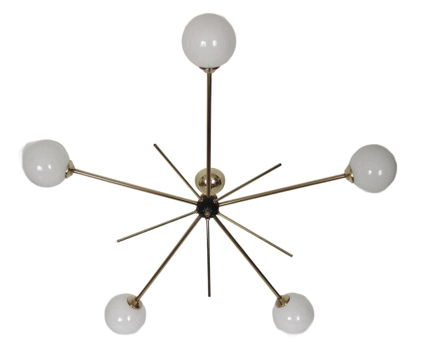 Chandelier Stilnovo, polished brass, opaline white glass, Italy, 1960s.