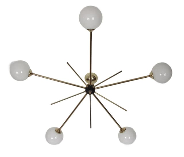 Chandelier Stilnovo, polished brass, opaline white glass, Italy, 1960s. - DIMENSION