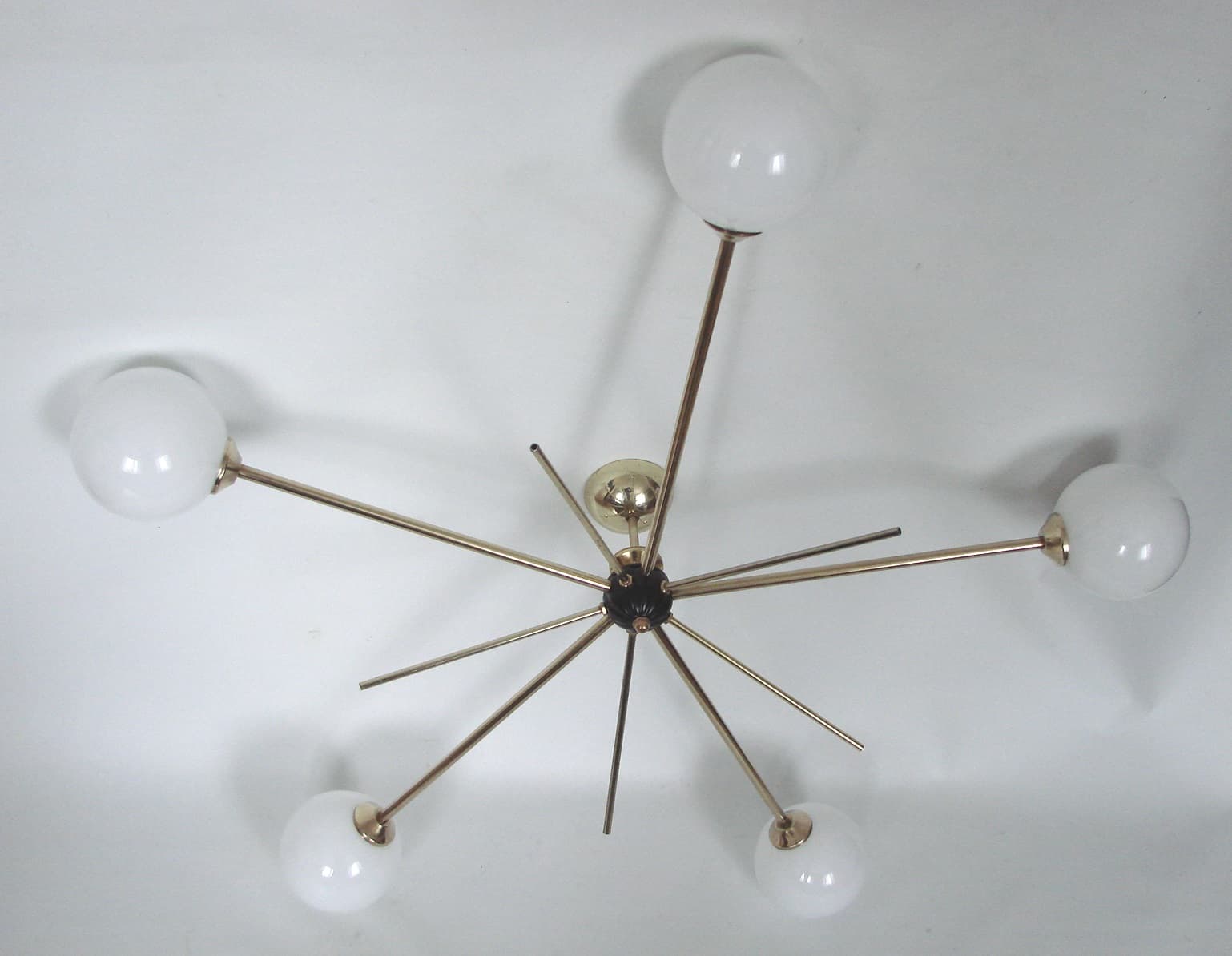 Chandelier Stilnovo, polished brass, opaline white glass, Italy, 1960s. - 306350