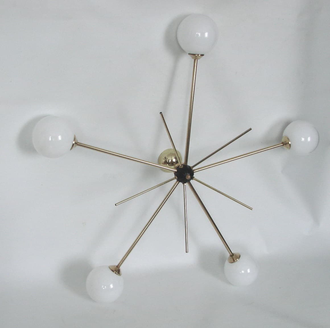 Chandelier Stilnovo, polished brass, opaline white glass, Italy, 1960s. - 306349