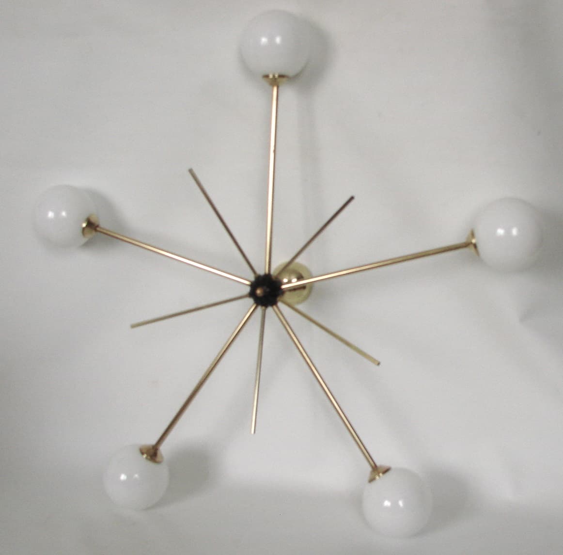Chandelier Stilnovo, polished brass, opaline white glass, Italy, 1960s. - 306347