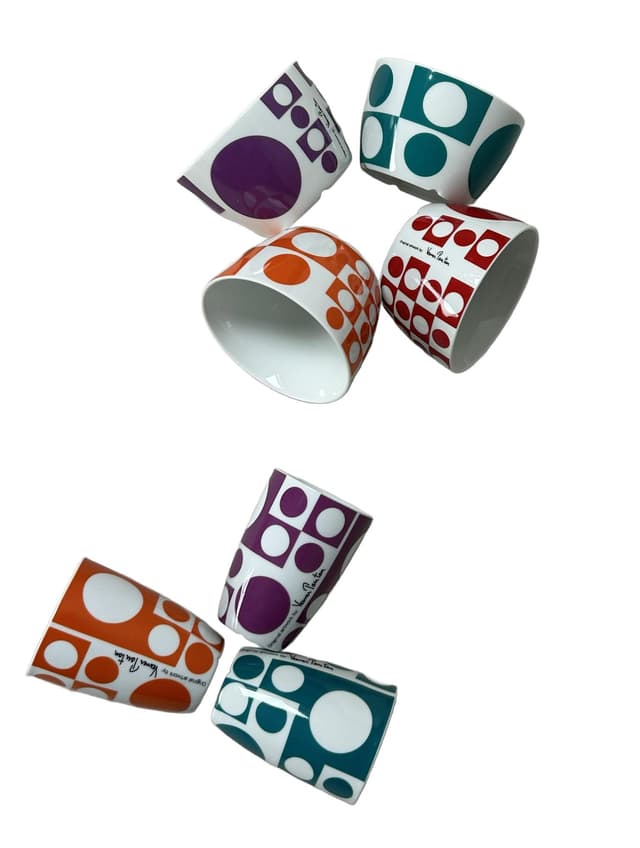 Set of mugs and bowls Geometri 1, white porcelain with purple, orange, blue, red decoration, by V. Panton, Denmark, 1960s. - DIMENSION