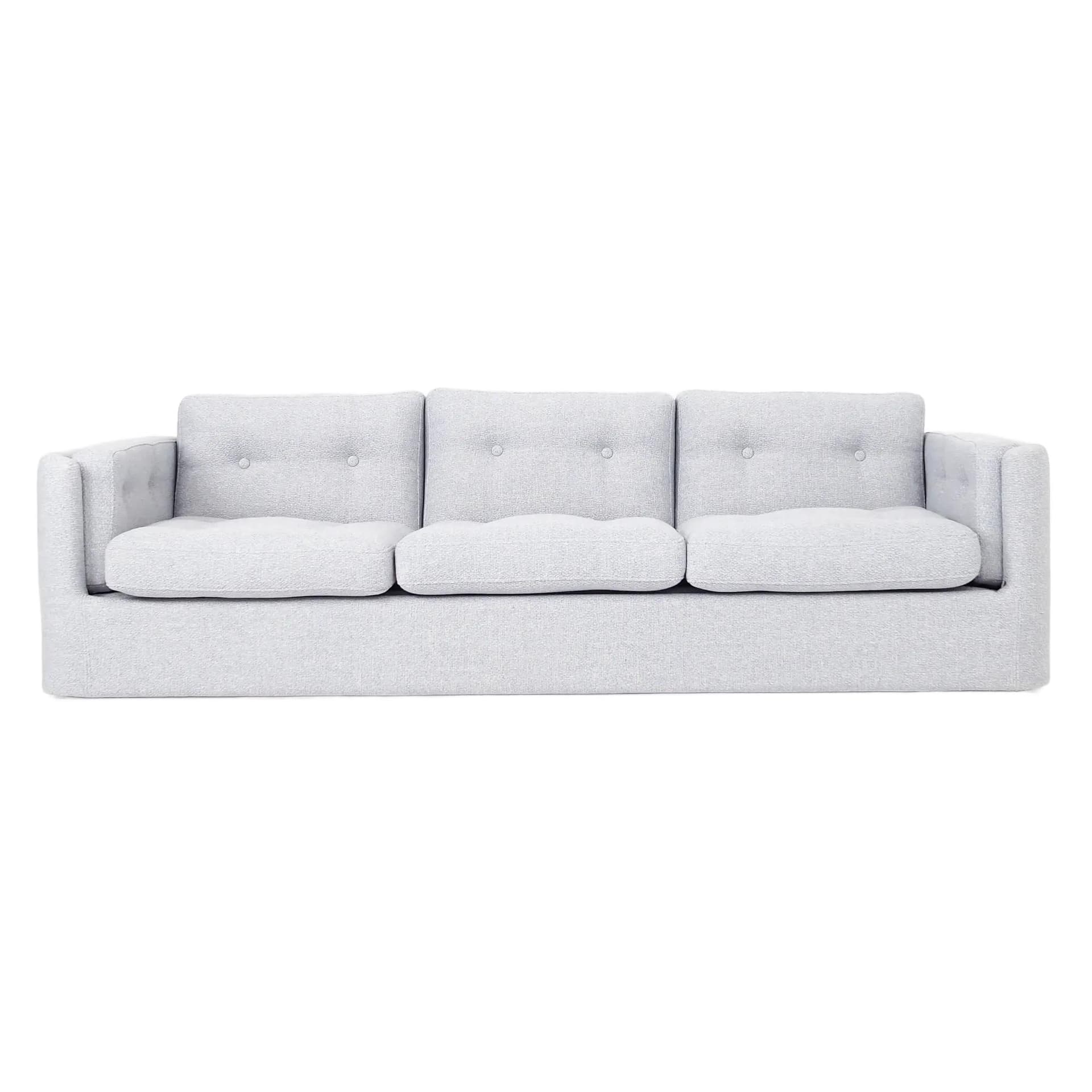 Sofa Bergen, gołębi szary, tkanina, drewno, Polska, lata 90.