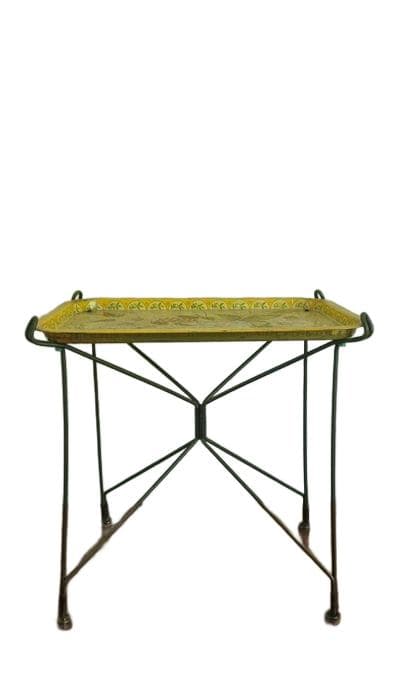 Folding side table, yellow orange brown, black metal, Poland, 1960s.