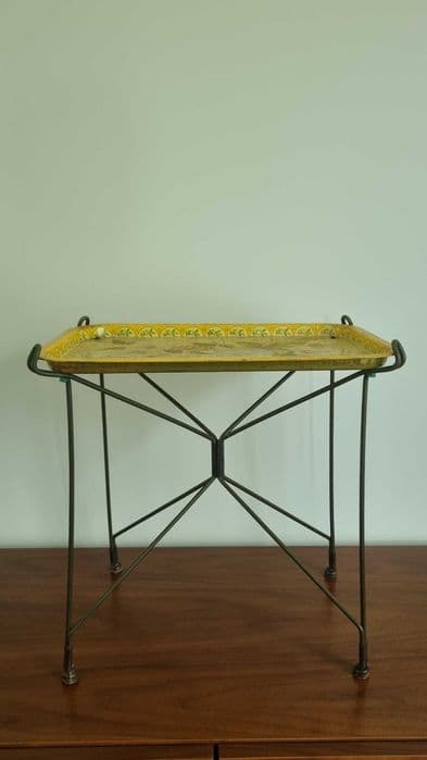 Folding side table, yellow orange brown, black metal, Poland, 1960s. - 306780