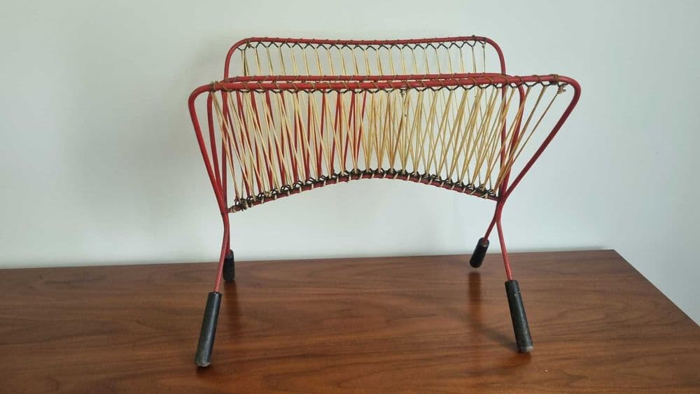 Magazine rack, red metal, beige synthetic, Poland, 1970s. - 306777