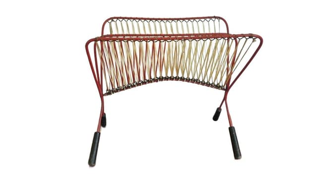 Magazine rack, red metal, beige synthetic, Poland, 1970s. - DIMENSION