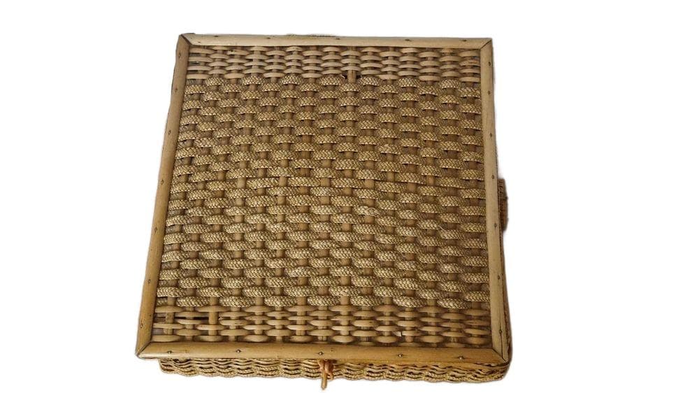 Sewing basket, brown wicker, wood, 1970s. - 306766