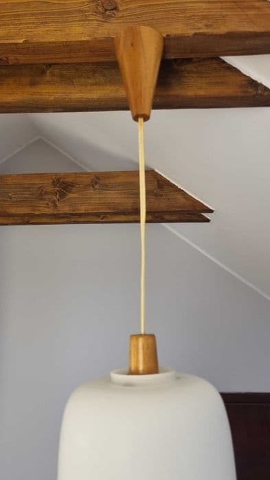 Pendant lamp ULUV, brown wood, white glass, Czechoslovakia, 1960s. - 306759