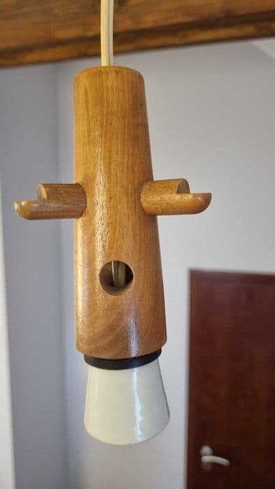 Pendant lamp ULUV, brown wood, white glass, Czechoslovakia, 1960s. - 306758