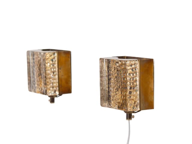 Pair of wall sconces Maritim, gold brass, transparent glass, Vitrika, Denmark, 1960s. - DIMENSION