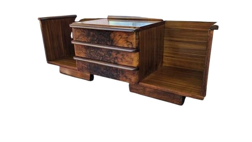 Dressing Table Art Deco, brown wood, glass, Tatra Nabytok, Czechoslovakia, 1940s.
