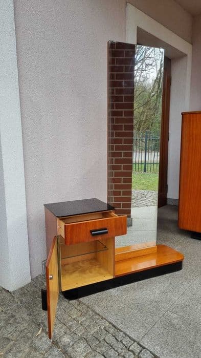 Dressing table, Art Deco, brown wood, glass, black accents, by J. Halabala, Czechoslovakia, 1950s. - 306710