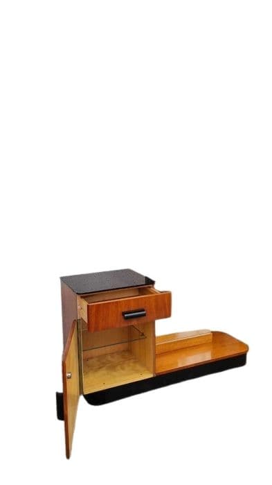 Dressing table, Art Deco, brown wood, glass, black accents, by J. Halabala, Czechoslovakia, 1950s.