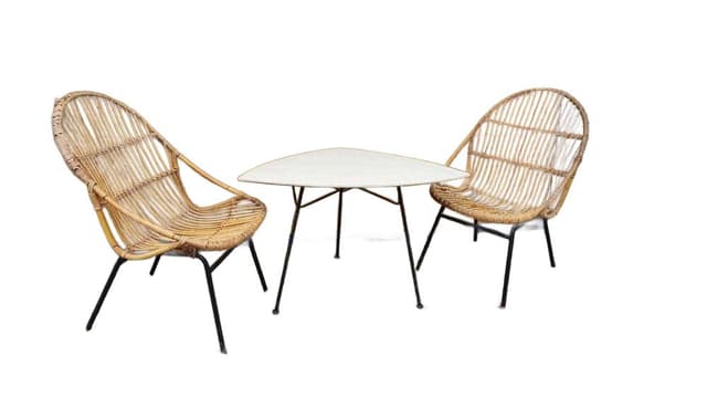 Set of two armchairs and side table, Mid-Century Modern, brown rattan, black metal, Czechoslovakia, 1960s. - DIMENSION