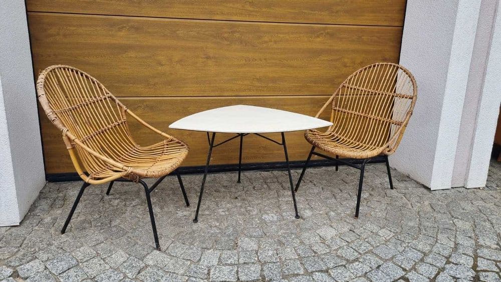 Set of two armchairs and side table, Mid-Century Modern, brown rattan, black metal, Czechoslovakia, 1960s. - 306702