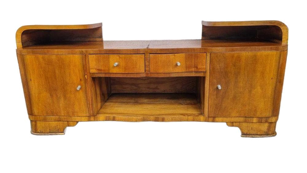 Dressing Table Art Deco, brown, walnut veneer, glass, Poland, 1950s