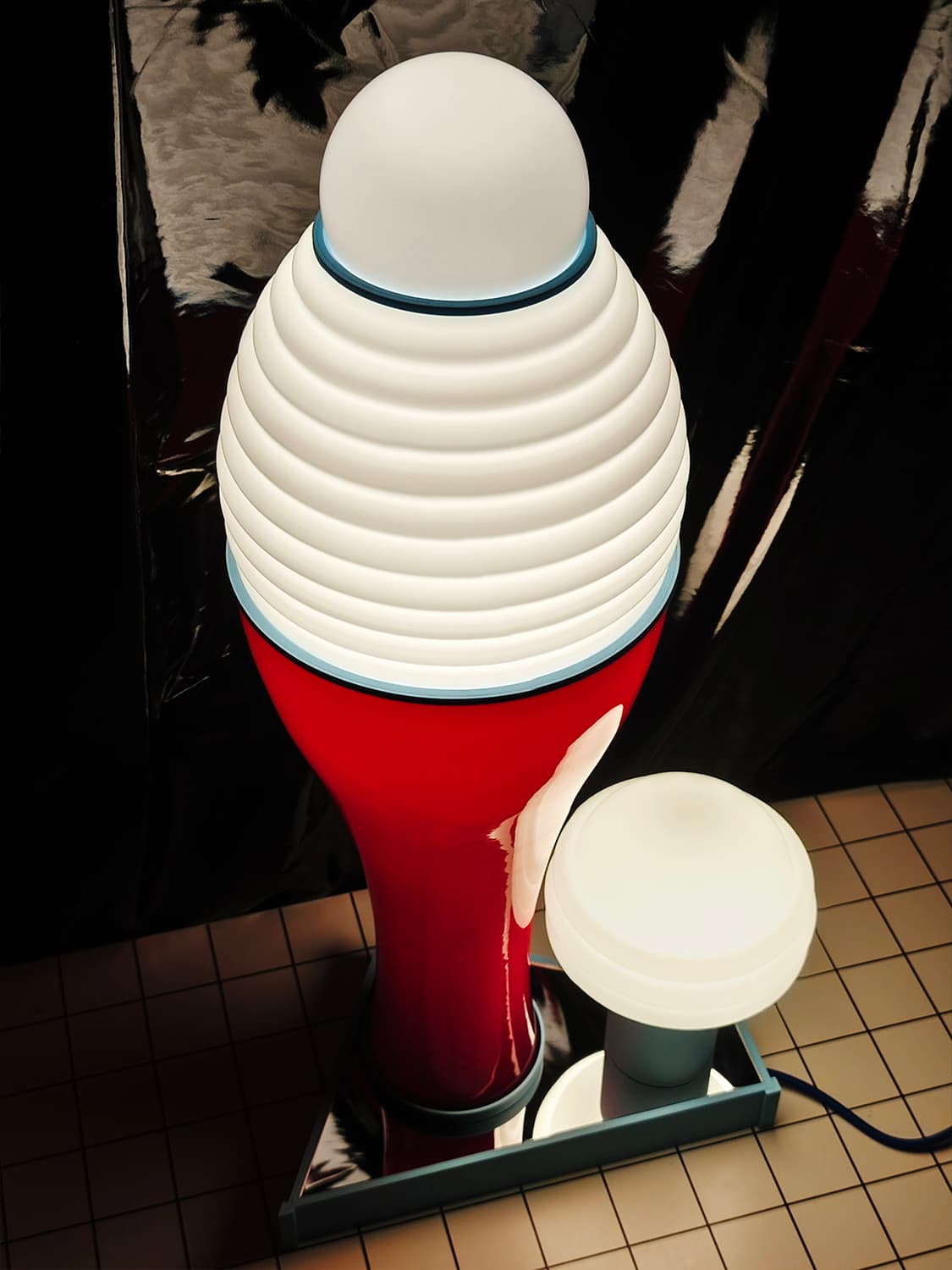 Table lamp FUTURA II, red, acrylic, glass white blue, by K. Wyżyński, NO BEIGE FEELINGS - 306600