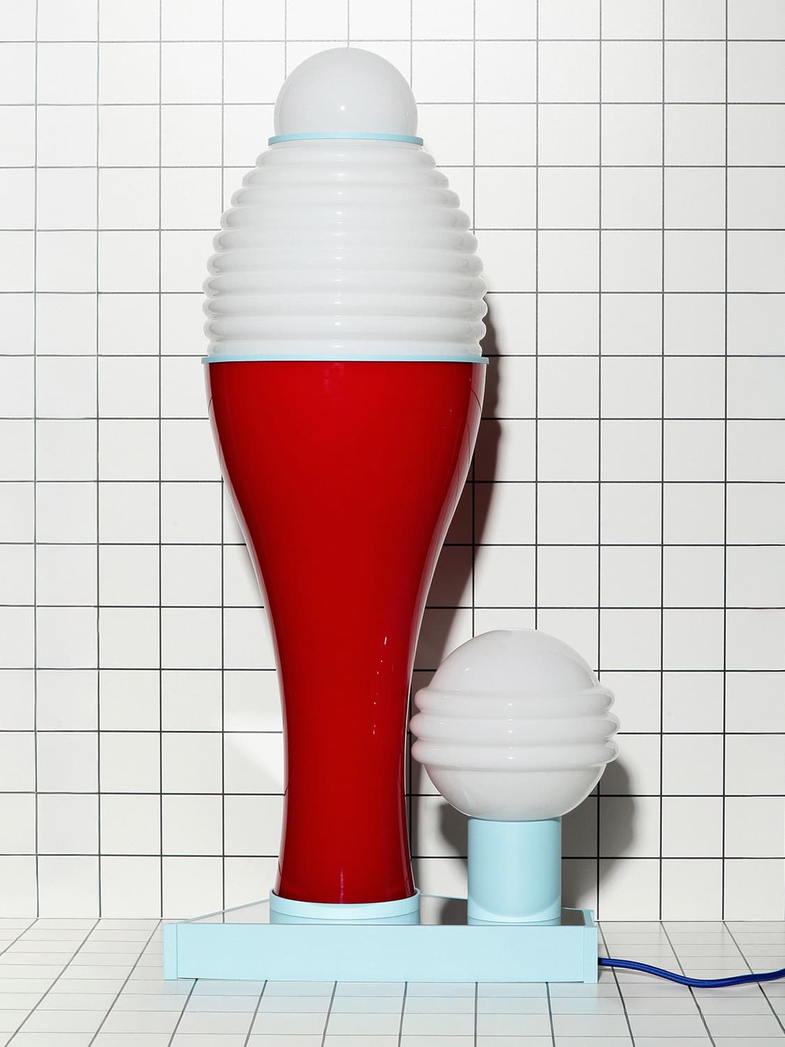 Table lamp FUTURA II, red, acrylic, glass white blue, by K. Wyżyński, NO BEIGE FEELINGS - 306598