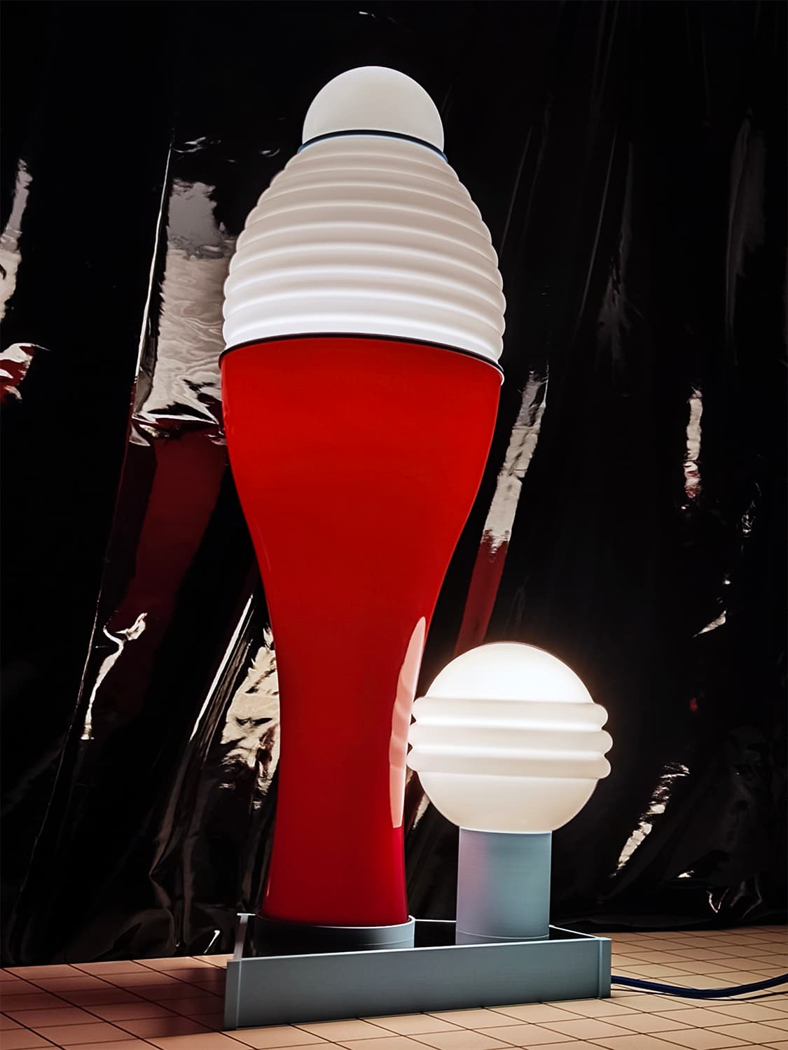 Table lamp FUTURA II, red, acrylic, glass white blue, by K. Wyżyński, NO BEIGE FEELINGS - 306596