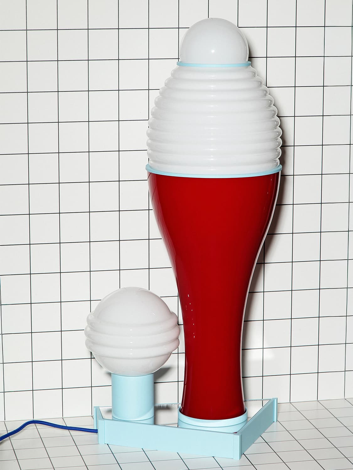 Table lamp FUTURA II, red, acrylic, glass white blue, by K. Wyżyński, NO BEIGE FEELINGS - 306595