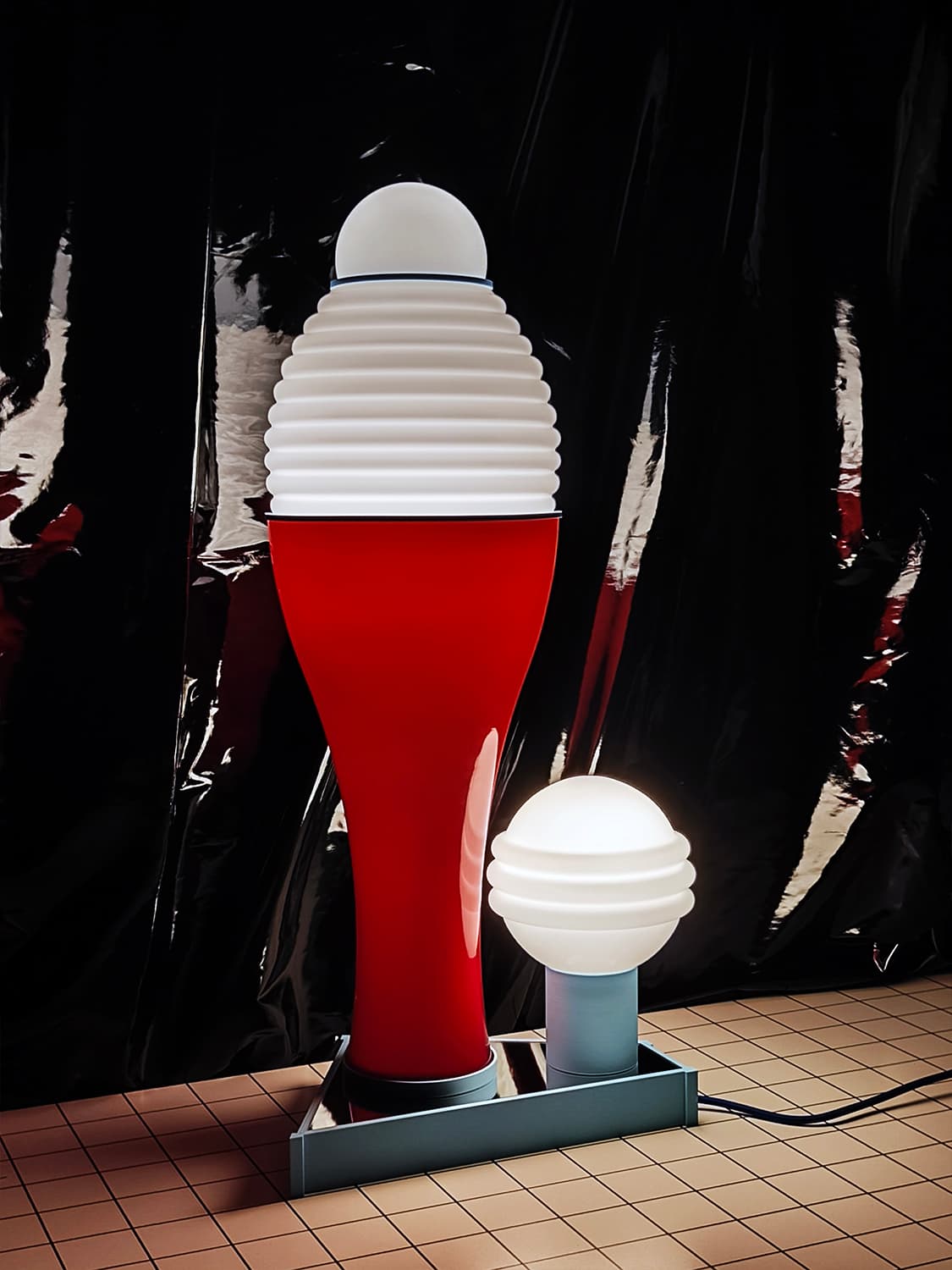 Table lamp FUTURA II, red, acrylic, glass white blue, by K. Wyżyński, NO BEIGE FEELINGS - 306597