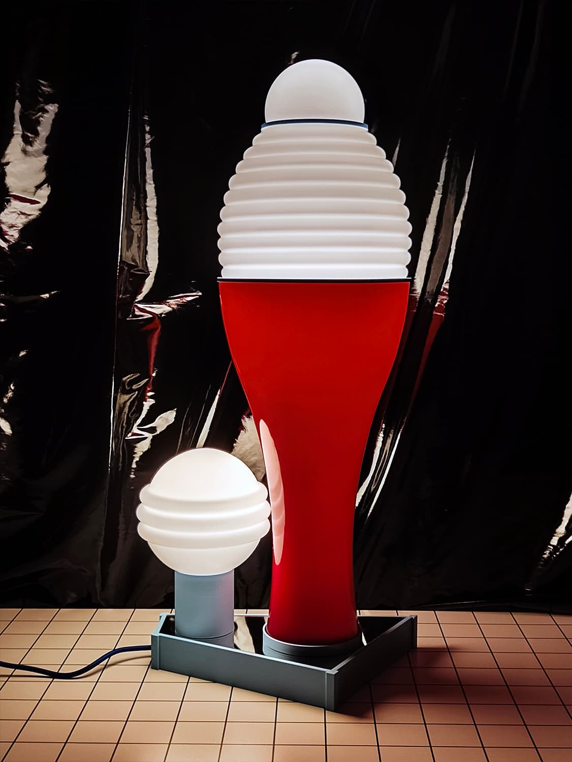 Table lamp FUTURA II, red, acrylic, glass white blue, by K. Wyżyński, NO BEIGE FEELINGS - 306599