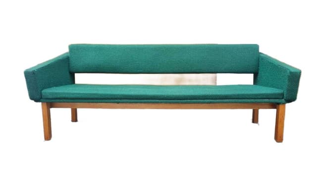 Sofa ławka Brutalizm, zielona tkanina, drewno jasne, Czechosłowacja, lata 60. - WYMIARY