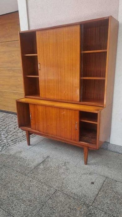 Sideboard Violetta, brown wood veneer, glass, Poland, 1960s. - 306851