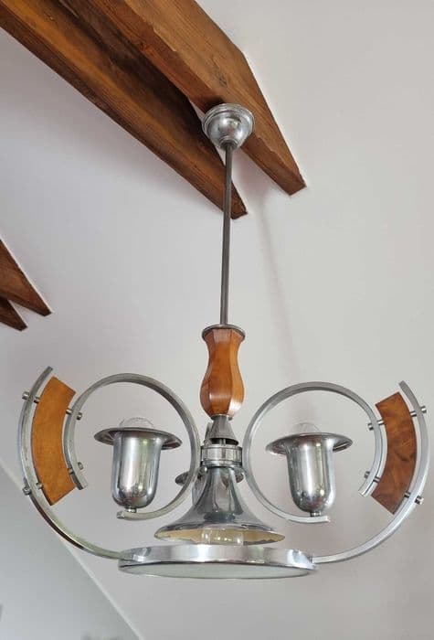 Żyrandol Bauhaus Art Deco, chrom srebrny, drewno brązowe, szkło transparentne, Czechosłowacja, lata 30. - 307050