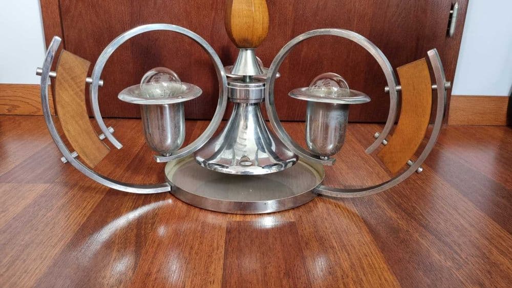 Żyrandol Bauhaus Art Deco, chrom srebrny, drewno brązowe, szkło transparentne, Czechosłowacja, lata 30. - 307049