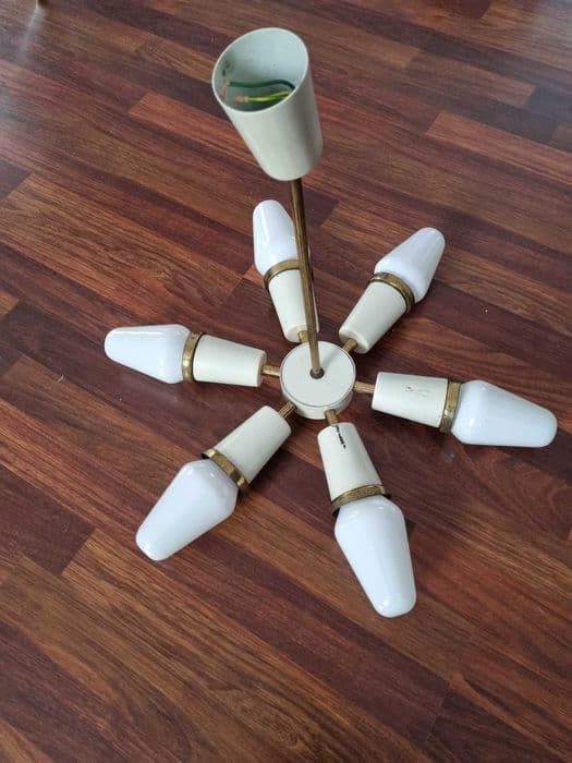 Chandelier Space Age, cream, lacquered steel brass glass, Omega Wrocław, Poland, 1960s. - 307032