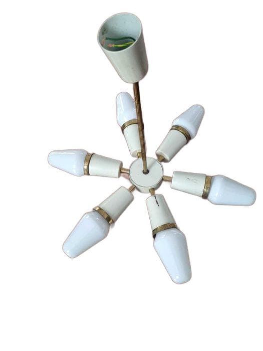 Chandelier Space Age, cream, lacquered steel brass glass, Omega Wrocław, Poland, 1960s.