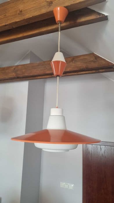 Lampa wisząca, Mid-Century Modern, pomarańczowy biały, szkło metal, Czechosłowacja, lata 60. - 307028