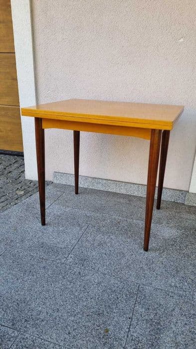 Extendable dining table, beige ash, brown wood, Czechoslovakia, 1960s. - 307014