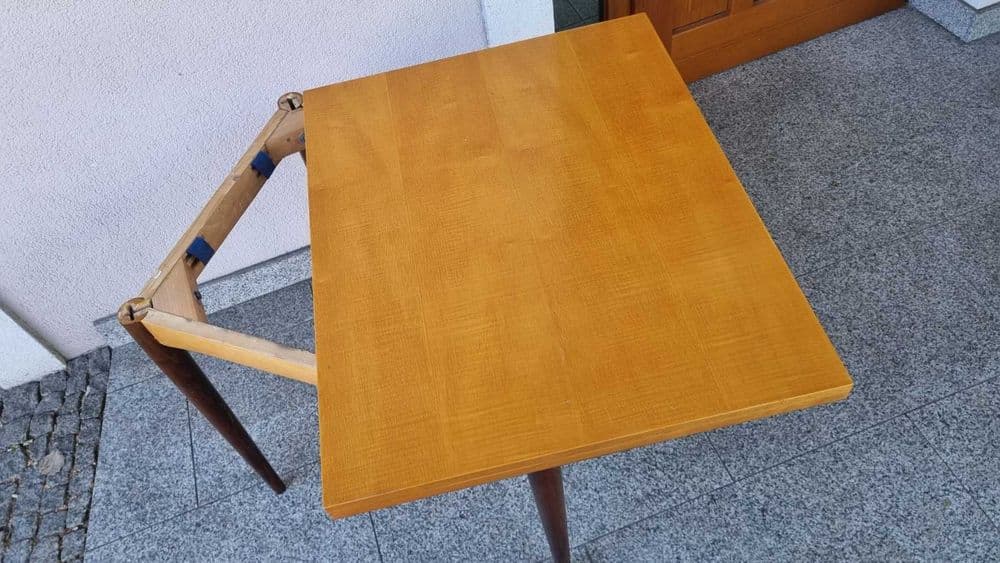 Extendable dining table, beige ash, brown wood, Czechoslovakia, 1960s. - 307013