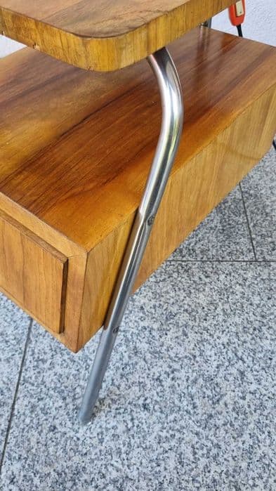 Lampa podłogowa ze stolikiem TYP LG-01, brązowy fornir, chrom, Polska, lata 50. - 306962