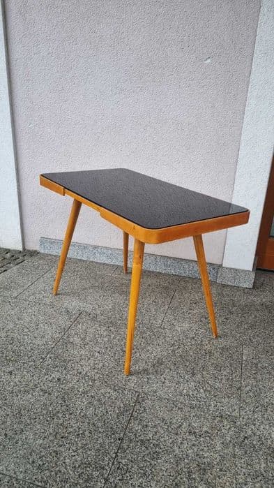 Coffee table, transparent black glass, brown wood, by J. Jiroutek, Czechoslovakia, 1970s. - 306944