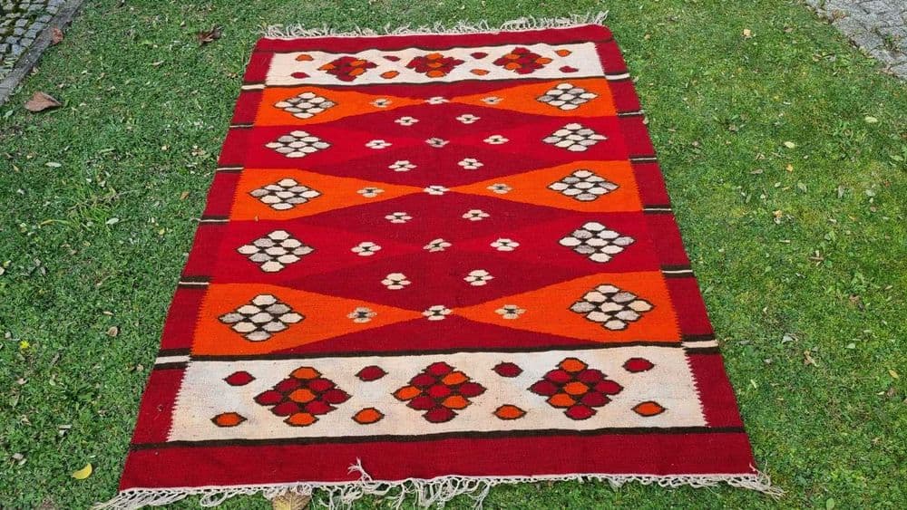 Kilim, 150x200 cm, red orange white, wool, Poland, 1960s. - 306936
