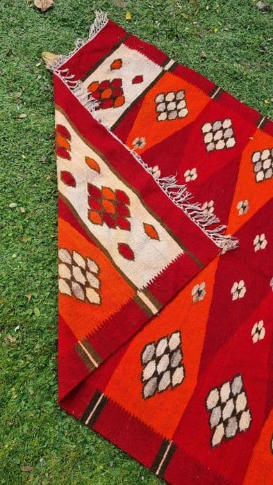 Kilim, 150x200 cm, red orange white, wool, Poland, 1960s. - 306935