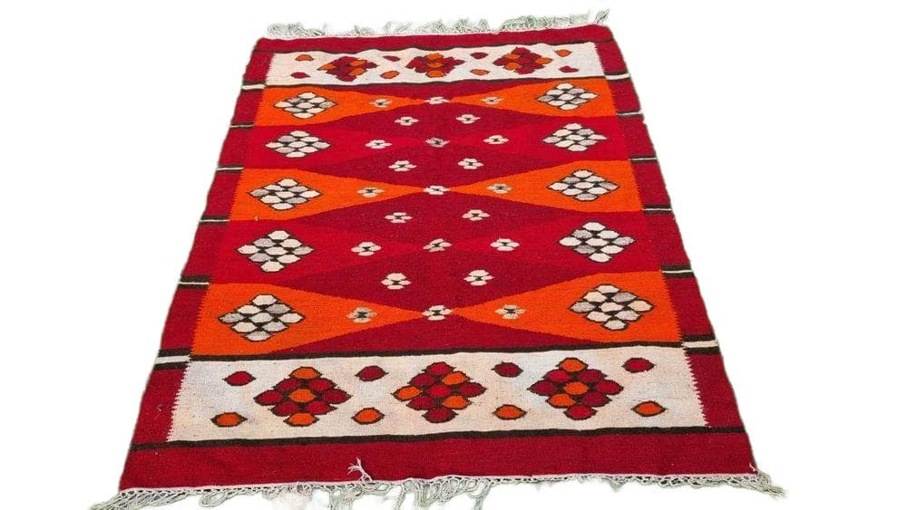 Kilim, 150x200 cm, red orange white, wool, Poland, 1960s.