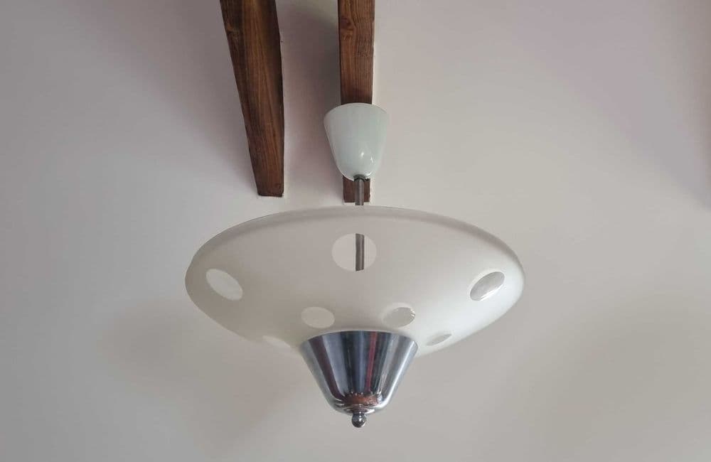 Żyrandol Bauhaus, srebrny metal, szkło, proj. F. Jirak, Napako, Czechosłowacja, lata 40. - 306899