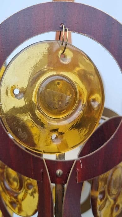 Flush mount, brown wood, yellow transparent glass, by J. Drost, Poland, 1970s. - 307439