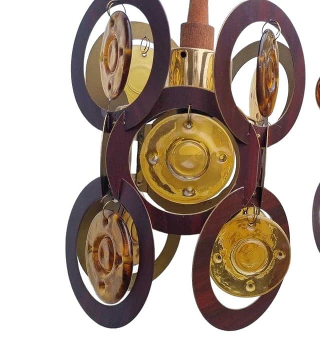 Flush mount, brown wood, yellow transparent glass, by J. Drost, Poland, 1970s. - DIMENSION