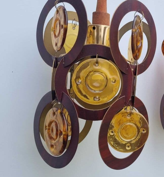 Flush mount, brown wood, yellow transparent glass, by J. Drost, Poland, 1970s. - 307440