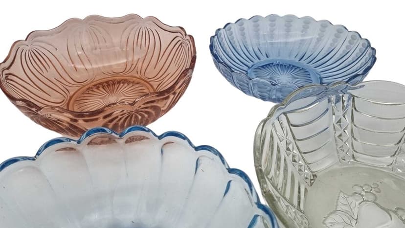 Set of four bowls Hortensja, pink transparent, glass, Ząbkowice, Poland, 1960s.