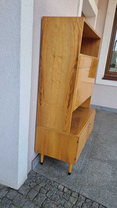 Highboard, brown veneered plywood, black wood, Czechoslovakia, 1970s. - 307401