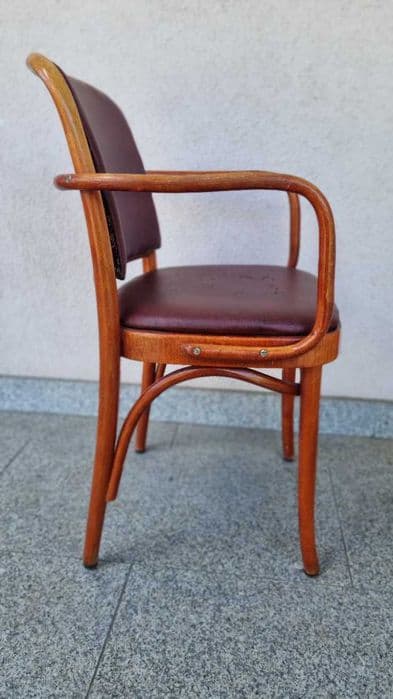 Set of four armchairs B-811, brown wood, burgundy fabric, by J. Hoffman, Poland, 1930s. - 307355