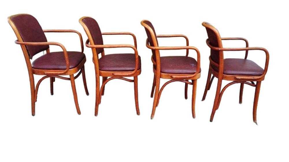 Set of four armchairs B-811, brown wood, burgundy fabric, by J. Hoffman, Poland, 1930s.