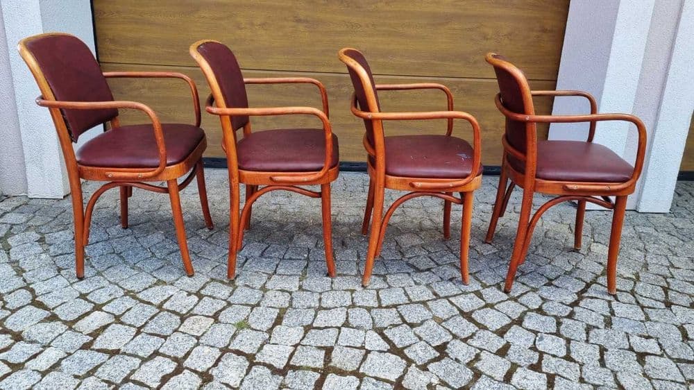 Set of four armchairs B-811, brown wood, burgundy fabric, by J. Hoffman, Poland, 1930s. - 307356